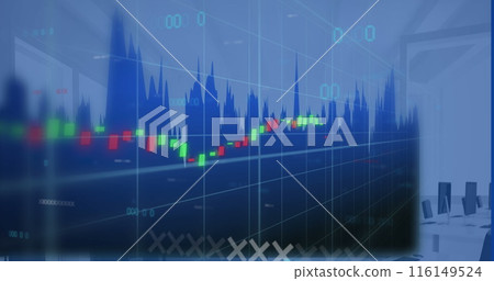 Image of statistics and data processing over desk in office 116149524