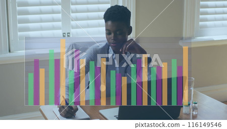 Image of data processing over african american female doctor taking notes at hospital 116149546