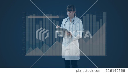 Image of statistics and data processing over female doctor 116149566