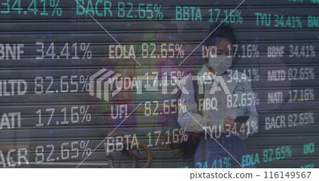 Image of financial data processing over woman wearing face mask Image of financial data processing over woman wearing face mask 116149567