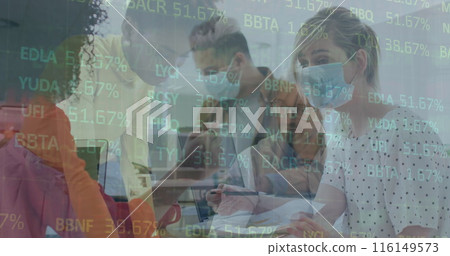 Image of financial data processing over business people wearing face masks working in office Image of financial data processing over business people wearing face masks working in office 116149573