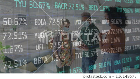 Image of financial data processing over business people wearing face masks working in office 116149575