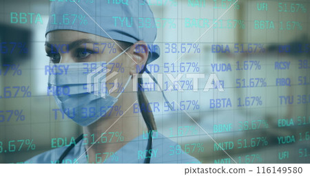 Image of financial data processing and female doctor in face mask Image of financial data processing and female doctor in face mask 116149580