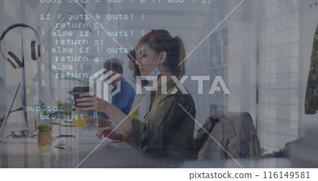 Image of financial data processing over business people wearing face masks working in office 116149581