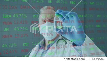 Image of financial data processing and male doctor in face mask holding vaccine Image of financial data processing and male doctor in face mask holding vaccine 116149582