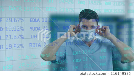 Image of trading board over caucasian male doctor wearing mask at hospital 116149585