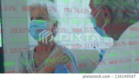 Image of data processing and male doctor and patient in face mask vaccinating Image of data processing and male doctor and patient in face mask vaccinating 116149587