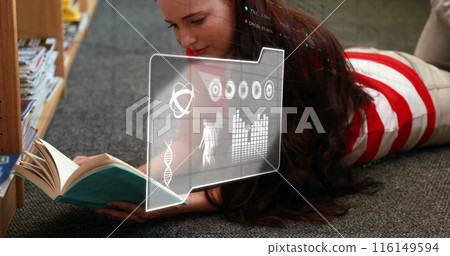 Image of data processing over caucasian female student reading 116149594