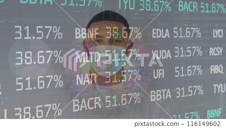 Image of financial data processing over man wearing face mask Image of financial data processing over man wearing face mask 116149602