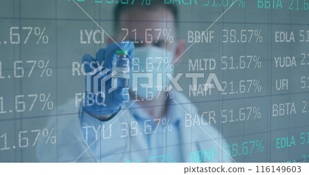 Image of financial data processing and male doctor in face mask holding vaccine Image of financial data processing and male doctor in face mask holding vaccine 116149603