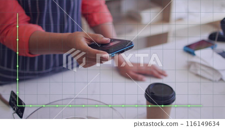Image of financial data processing over man paying with smartphone Image of financial data processing over man paying with smartphone 116149634