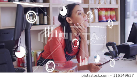 Image of icons and data processing over woman with tablet in shop 116149637