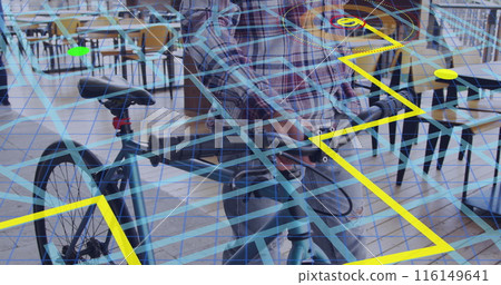 Image of city map over biracial man walking with bike Image of city map over biracial man walking with bike 116149641
