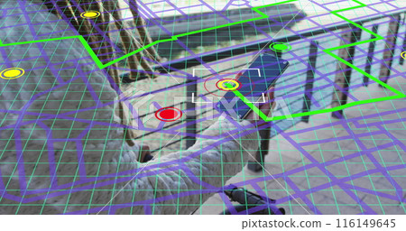 Image of city map over biracial man riding bike and using smartphone Image of city map over biracial man riding bike and using smartphone 116149645