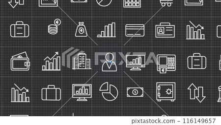 Image of multiple computer icons and screen with programming language over grid Image of multiple computer icons and screen with programming language over grid 116149657