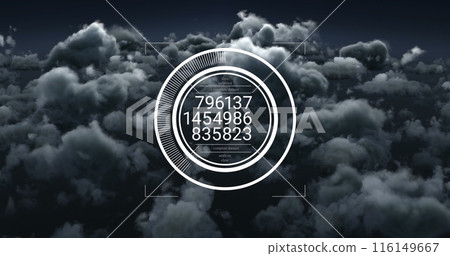 Image of data processing over round scanner against dark clouds in the sky 116149667