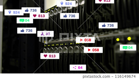 Image of multiple social media icons against close up of a computer server 116149674