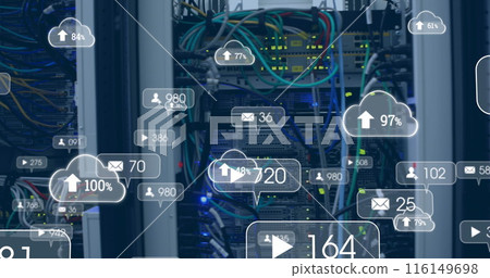 Image of multiple social media icons against close up of a computer server 116149698