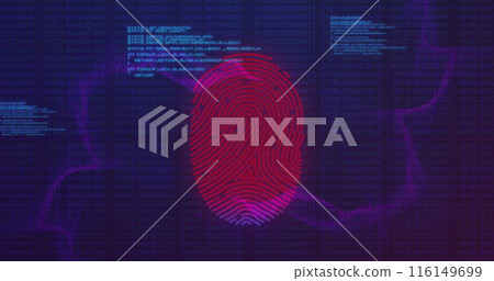 Image of illuminated fingerprint over abstract patterns and computer language on blue background 116149699