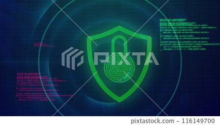 Image of circles over padlock in shied against computer language on blue background 116149700