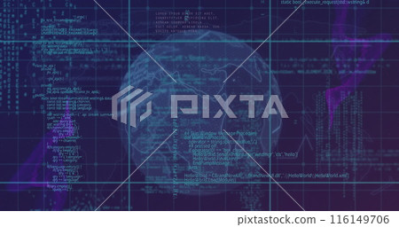 Image of computer language over lines around globe against abstract background Image of computer language over lines around globe against abstract background 116149706