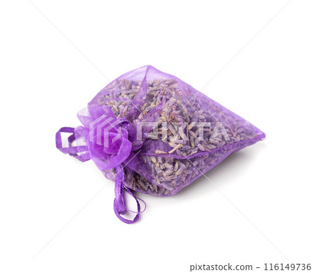 Dry lavender flowers in bag isolated, scattered lavandula perfume buds, petals, fragrance lilac blossoms 116149736