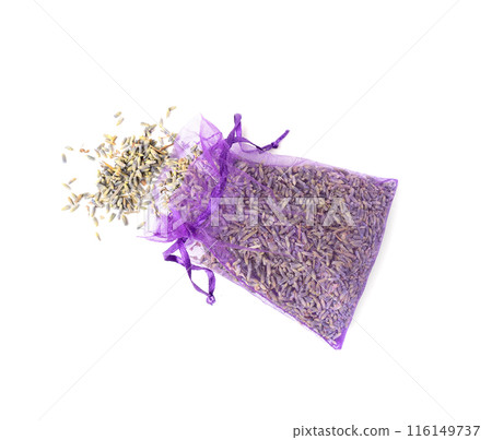 Dry lavender flowers in bag isolated, scattered lavandula perfume buds, petals, fragrance lilac blossoms Dry lavender flowers in bag isolated, scattered lavandula perfume buds, petals, fragrance lilac blossoms 116149737