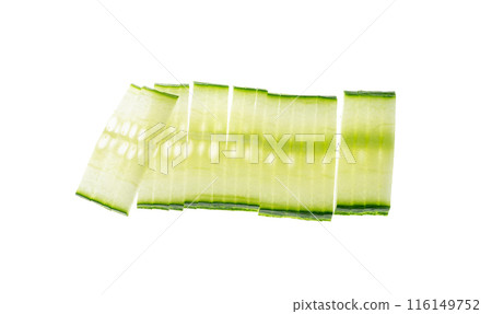 Cucumber cut isolated, cucumber slices macro, green vegetable cuts for salad isolated, healthy fresh pieces Cucumber cut isolated, cucumber slices macro, green vegetable cuts for salad isolated, healthy fresh pieces 116149752
