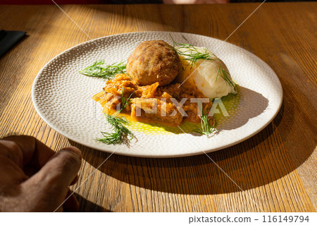Breaded Meat Cutlets with Mashed Potatoes and Stewed Cabbage Garnish, Restaurant Main Course 116149794