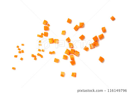 Fresh Diced Carrot, Raw Carrot Cubes Closeup, Chopped Orange Root Vegetable, Diced Carrots Pile 116149796
