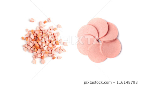 Diced Ham Isolated on White Background, Chopped Boiled Sausage Diced Ham Isolated on White Background, Chopped Boiled Sausage 116149798