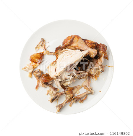 Chicken Leftovers, Unfinished Grilled Chicken on Dirty Plate Isolated, Meat Pieces and Bones 116149802