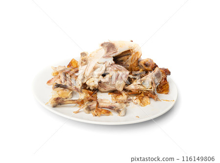 Chicken Leftovers, Unfinished Grilled Chicken on Dirty Plate Isolated, Meat Pieces and Bones 116149806