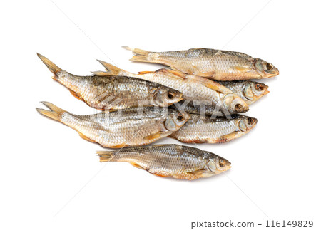 Dry roach, salted fish isolated, dried rutilus, taranka beer snack, whole salted and dried fish, prepared seafood 116149829