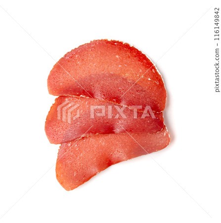 Meat Jerky Isolated, Dry Salted Turkey Fillet Slices, Thin Slices of Dehydrated Meat, Dried Turkey Fillet Meat Jerky Isolated, Dry Salted Turkey Fillet Slices, Thin Slices of Dehydrated Meat, Dried Turkey Fillet 116149842