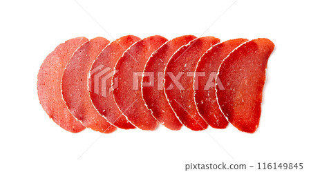 Meat Jerky Isolated, Dry Salted Turkey Fillet Slices, Thin Slices of Dehydrated Meat, Dried Turkey Fillet 116149845