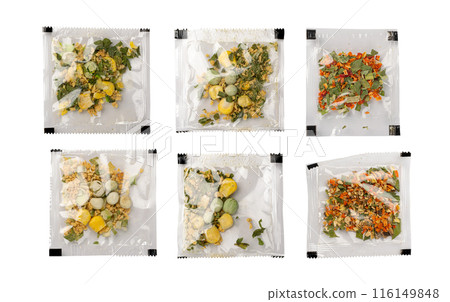 Small Spice Pouch Isolated, Dried Vegetables and Herbs Mix in Plastic Bag, Dry Peas, Greens, Dehydrated Food 116149848