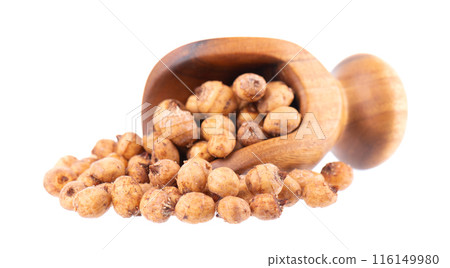 Tiger nuts in wooden scoop, isolated on white background. Pile of chufa nuts, earth almond or chufa sedge. Cyperus esculentus. 116149980