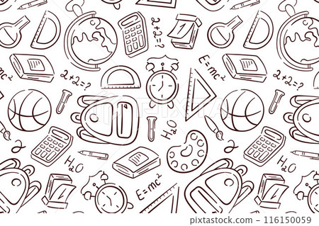 Back to school line art seamless pattern. Hand drawn object stationary of pencil, pen, book, bag, ruler, globe, alarm. Vector illustration on a white background. Back to school line art seamless pattern. Hand drawn object stationary of pencil, pen, book, bag, ruler, globe, alarm. Vector illustration on a white background. 116150059