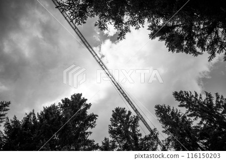 A black and white photo of the Sky Bridge 721, the worlds longest suspension footbridge, in Dolni Morava, Czech Republic. The bridge is visible against a cloudy sky. 116150203