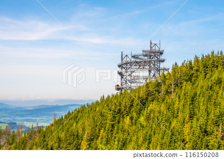 Sky Walk tower in Dolni Morava Resort, surrounded by trees and blue sky, features circular platforms and spire. Sky Walk tower in Dolni Morava Resort, surrounded by trees and blue sky, features circular platforms and spire. 116150208