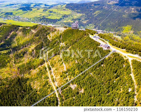 Aerial view of the Sky Bridge 721, the worlds longest suspension footbridge, stretching across a forested mountain in Czechia. The unique Sky Walk lookout tower stands nearby, offering panoramic views Aerial view of the Sky Bridge 721, the worlds longest suspension footbridge, stretching across a forested mountain in Czechia. The unique Sky Walk lookout tower stands nearby, offering panoramic views 116150210