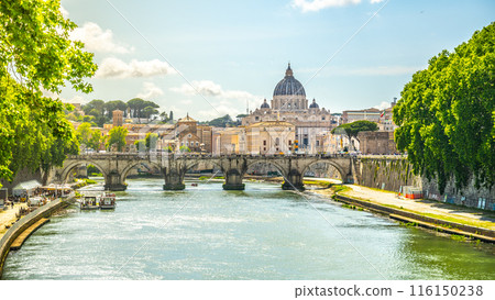 Beautiful postcard shot of Vatican City featuring the majestic St. Peter's Basilica and Tiber River. Rome, Italy 116150238