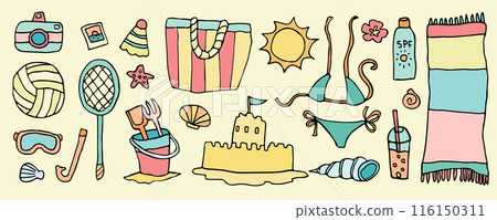 Vector doodle beach vacation set, cute sea party activity icons, kawaii sand castle, tropical holiday. Vector doodle beach vacation set, cute sea party activity icons, kawaii sand castle, tropical holiday. 116150311