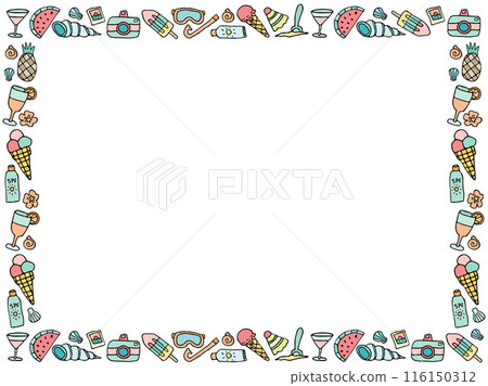 Doodle beach elements frame, simple rectangular summer vacation border, invitation card sunny design. Doodle beach elements frame, simple rectangular summer vacation border, invitation card sunny design. 116150312