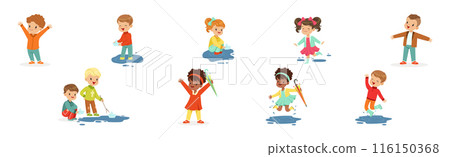 Cute Little Kid Character Splashing in Puddle Vector Set Cute Little Kid Character Splashing in Puddle Vector Set 116150368
