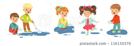 Cute Little Kid Character Splashing in Puddle Vector Set Cute Little Kid Character Splashing in Puddle Vector Set 116150370