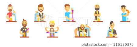 Man Bartender Character Pouring and Serving Alcoholic Drink at Counter Vector Set 116150373