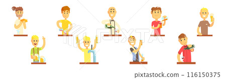 Man Bartender Character Pouring and Serving Alcoholic Drink at Counter Vector Set Man Bartender Character Pouring and Serving Alcoholic Drink at Counter Vector Set 116150375