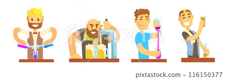 Man Bartender Character Pouring and Serving Alcoholic Drink at Counter Vector Set Man Bartender Character Pouring and Serving Alcoholic Drink at Counter Vector Set 116150377